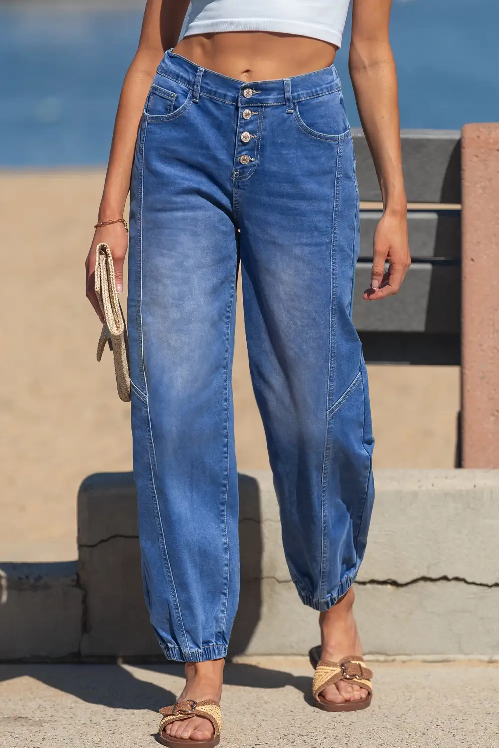 Buttons Front Tapered Casual Loose Fit Jeans