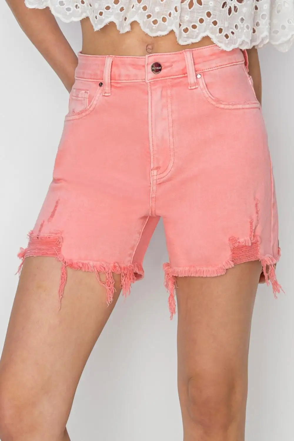 Weekend High Rise Distressed Hem Shorts