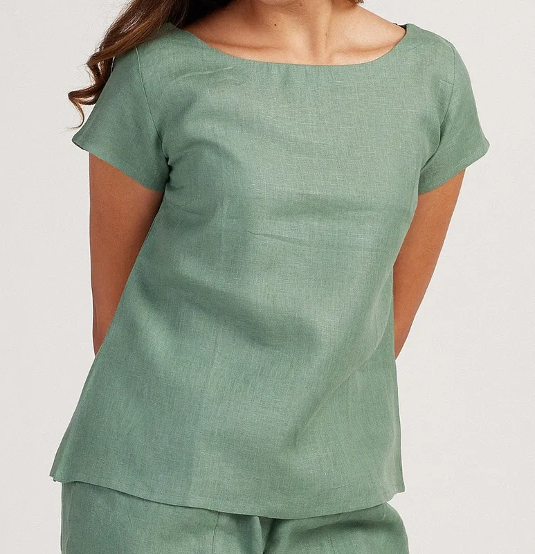 Sage Green Linen Boat-Neck Top