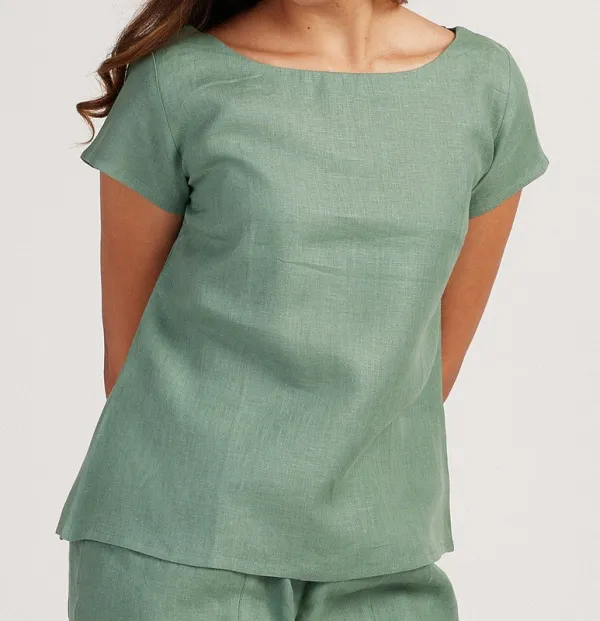 Sage Green Linen Matching Set with Boat-Neck Top & Easy Pants