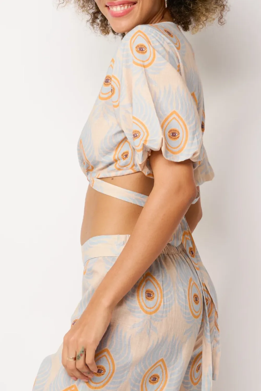 Light Blue And Orange Abstract Print Wrap Crop Top