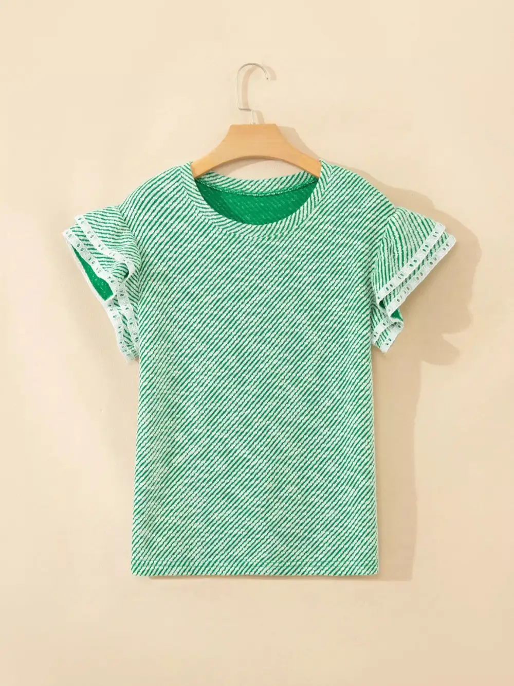 Twilled Print Lace Trim Ruffled Short Sleeve