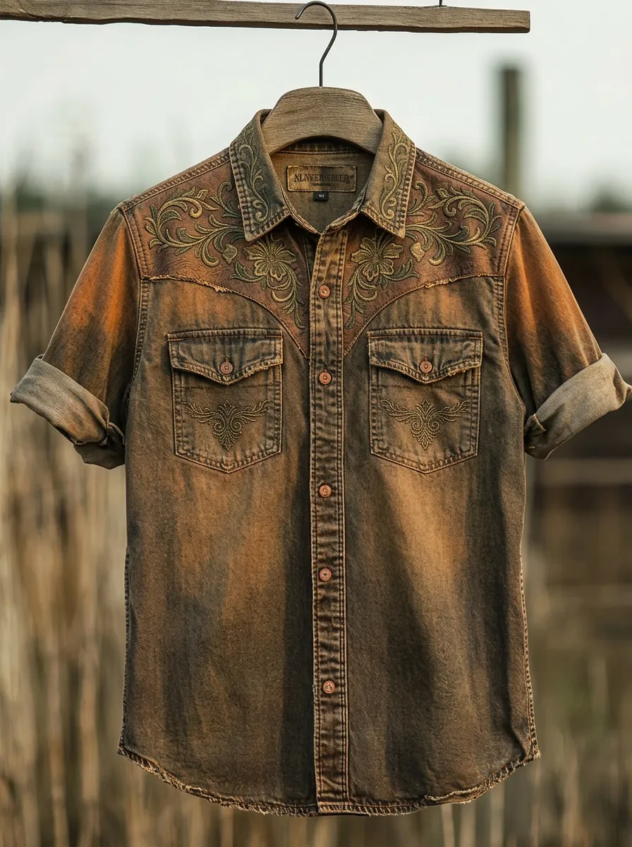 Men's Western Cowboy Floral Embroidered Washed Denim Shirt