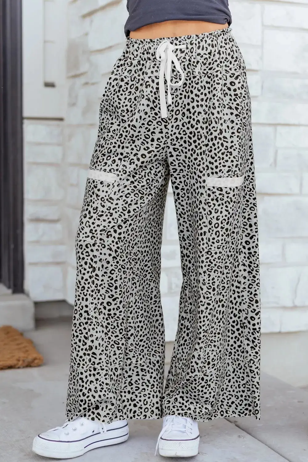 Animal Print Wide Leg Terry Knit Pants
