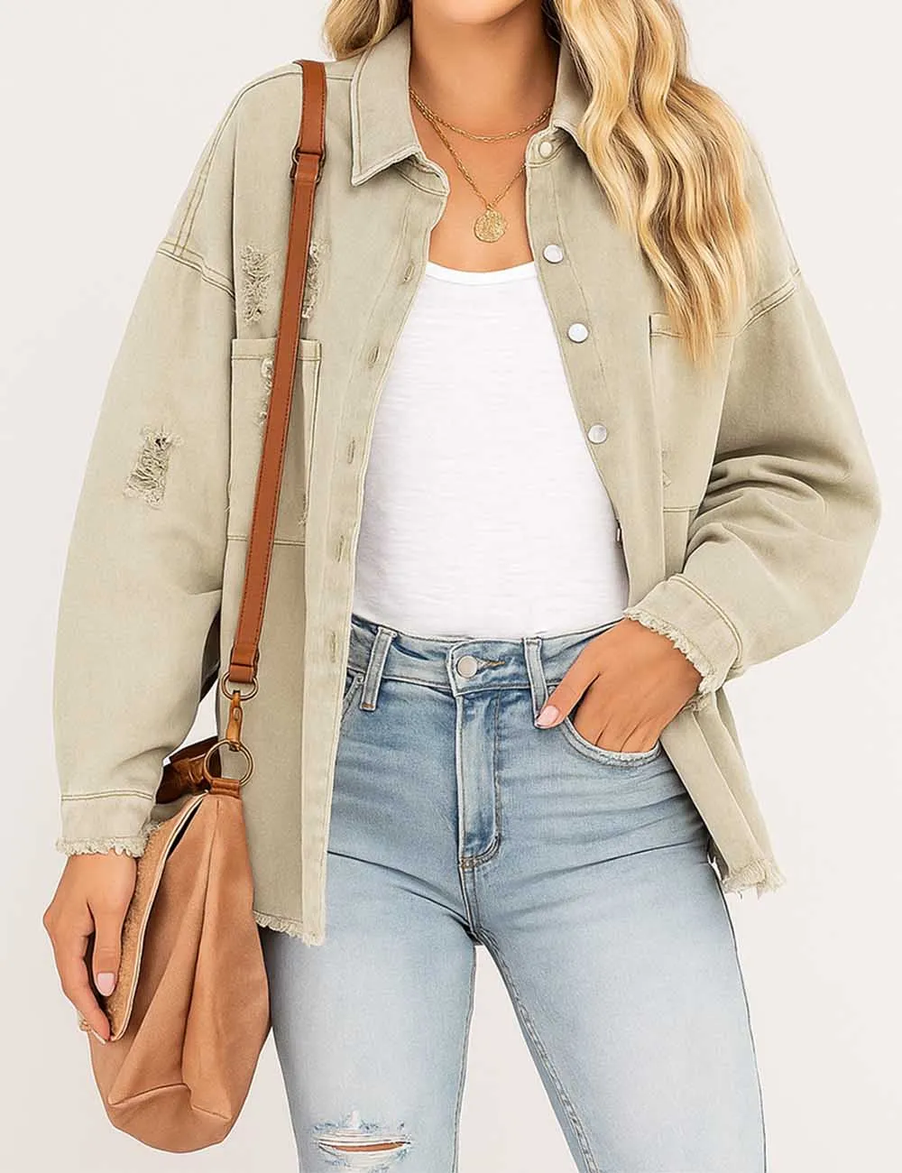 Distressed Button Down Long Sleeve Denim Jacket