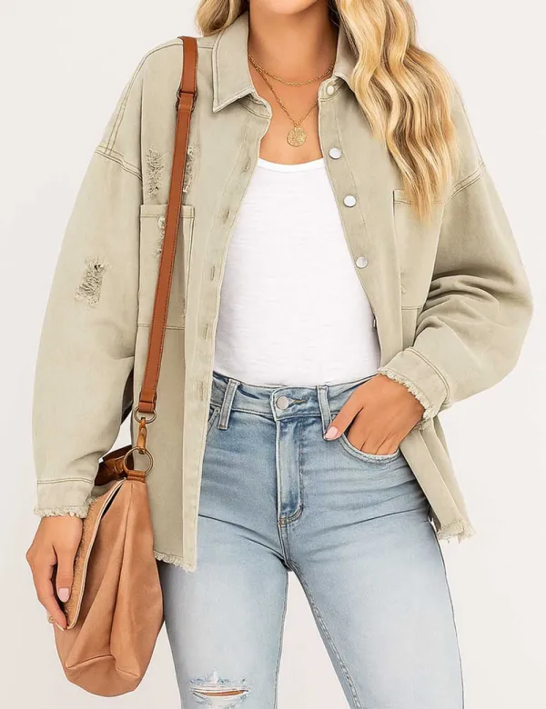 Distressed Button Down Long Sleeve Denim Jacket