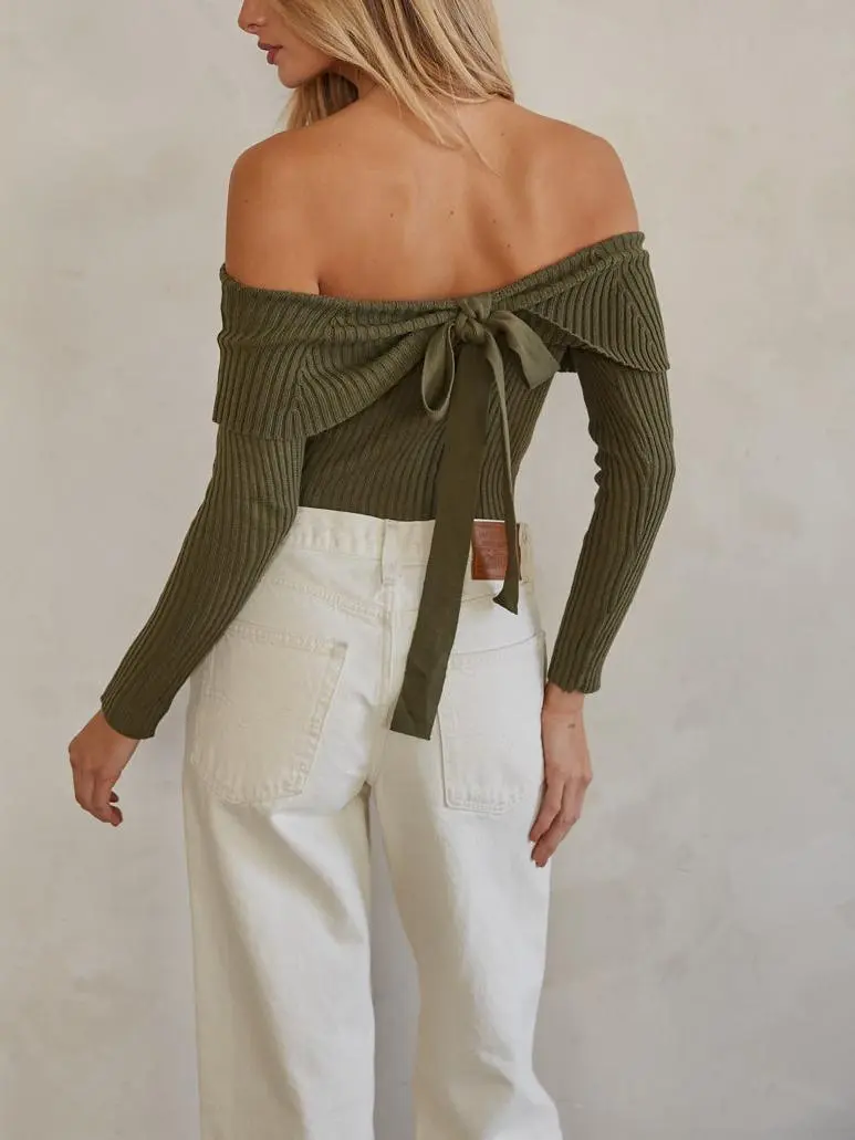 Off the Shoulder Bow Back Sweater