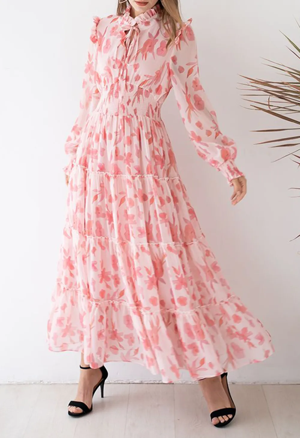 DARLING BLUSH PINK FLORAL TIE NECK MAXI DRESS