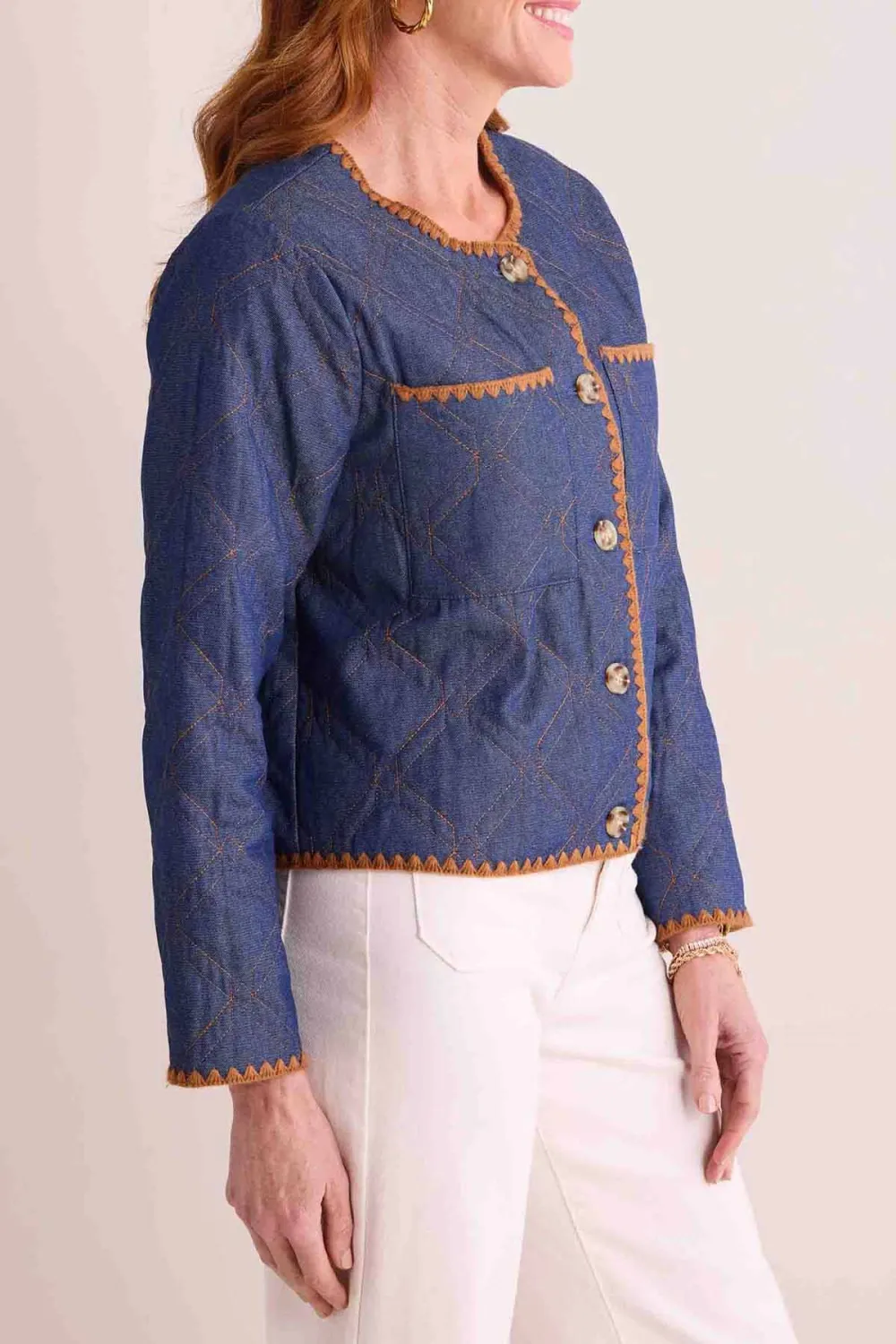 Blue Denim Contrast Stitch Quilted Cropped Jacket