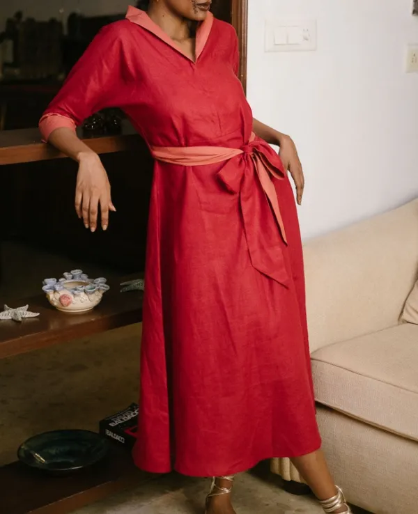 Rust Orange Linen Flared Dress