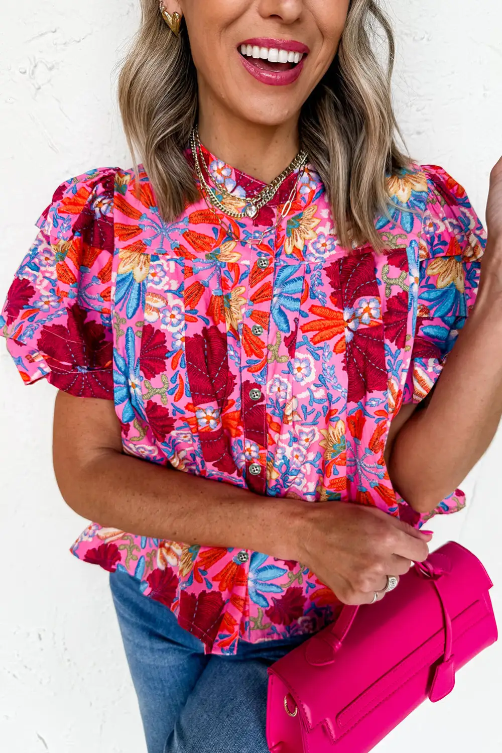 Floral Bubble Sleeve Button Front Blouse