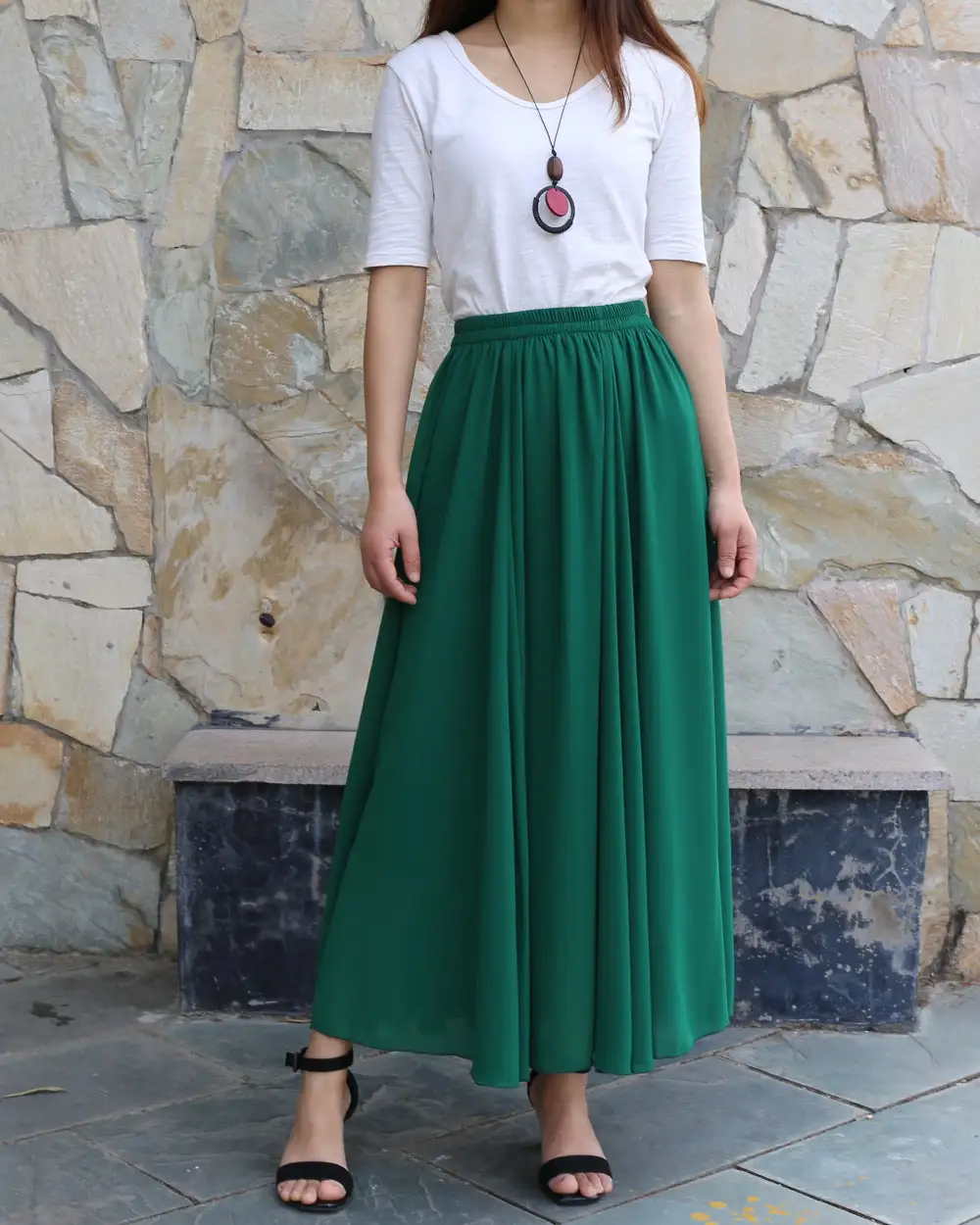 Airy Elastic Waist Chiffon A Line Maxi Skirt