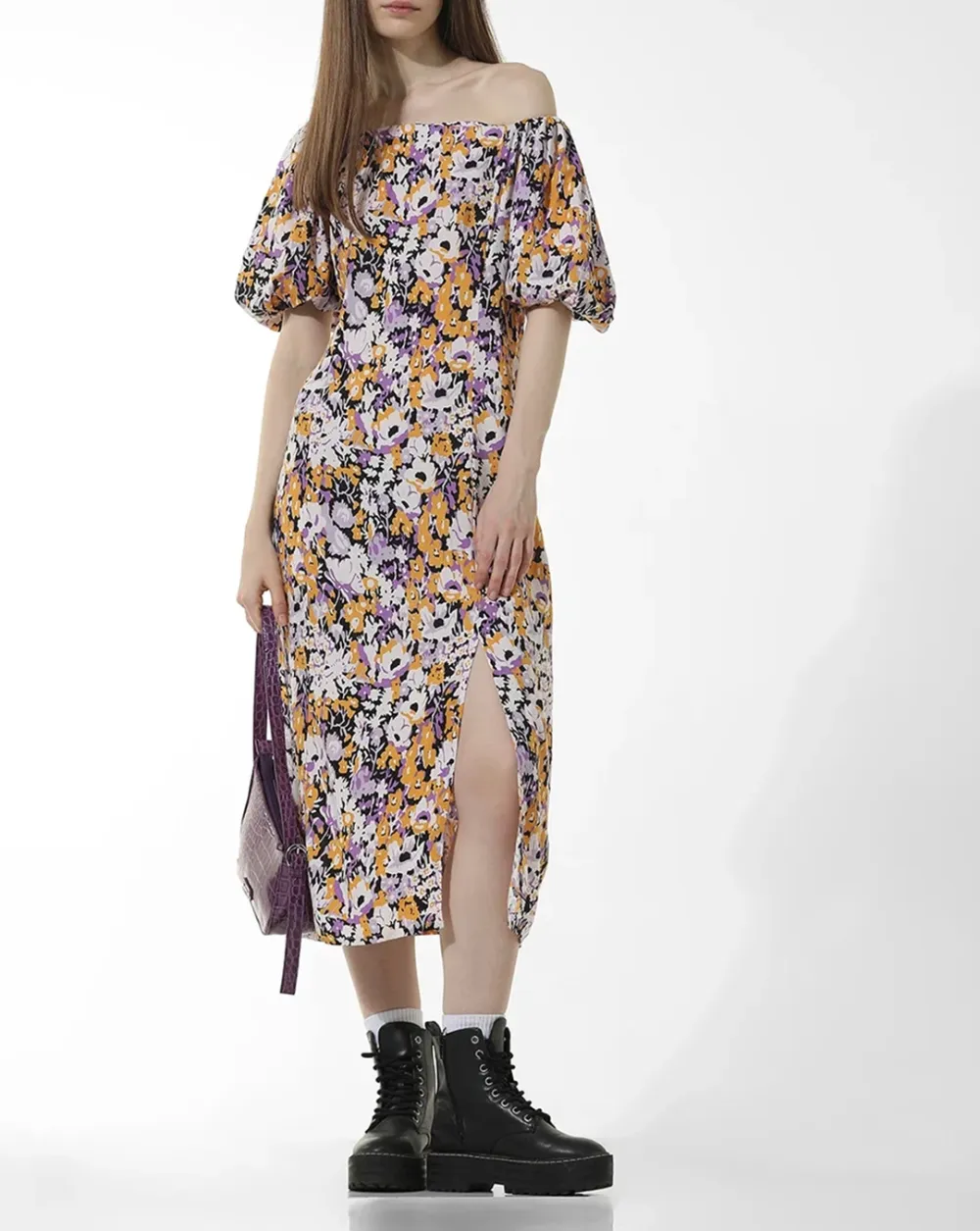 Square-Neck Puff-Sleeve Floral-Print Midi Dress