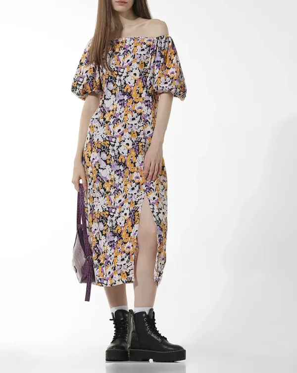 Square-Neck Puff-Sleeve Floral-Print Midi Dress