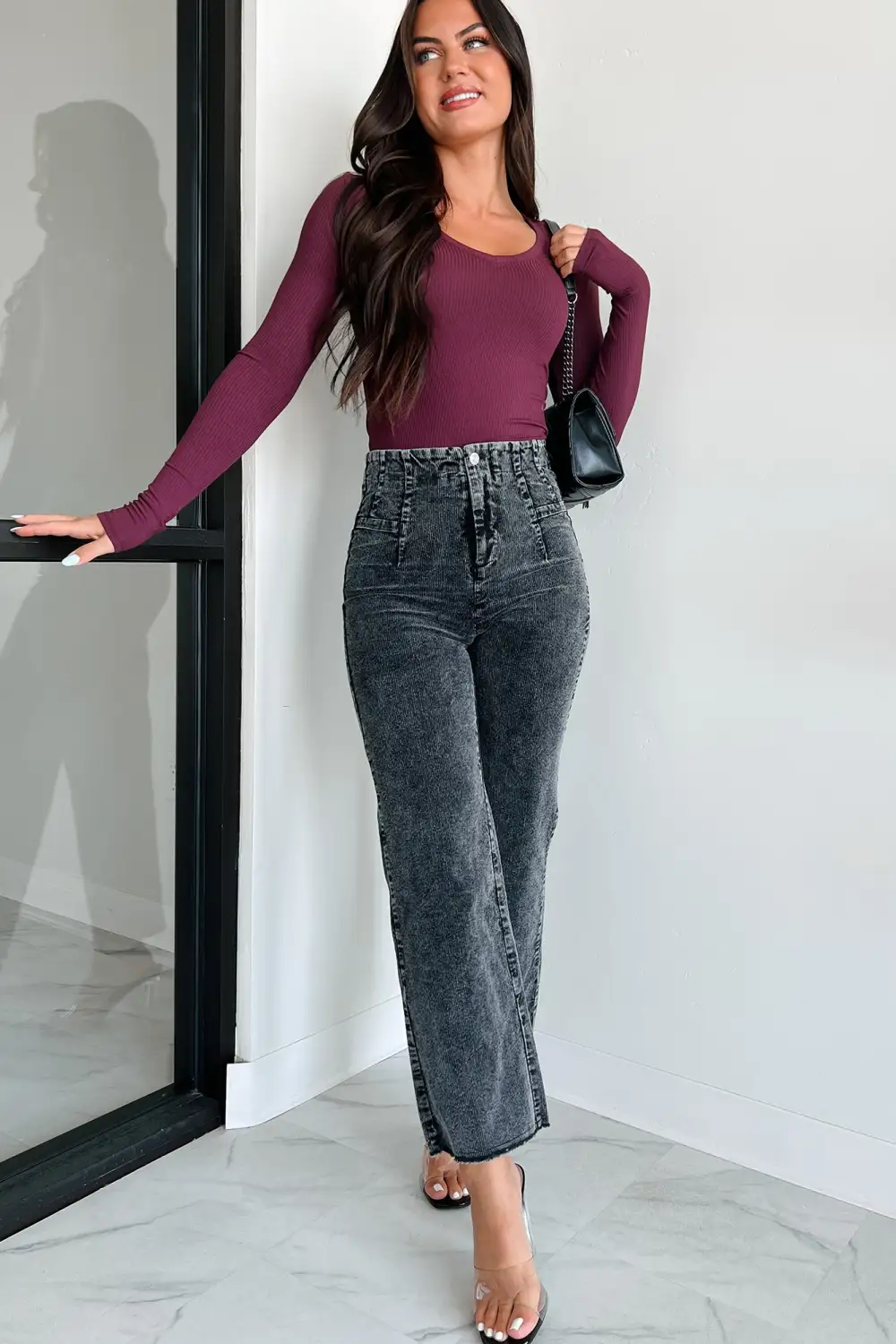 Casually Confident Long Sleeve V-Neck Top (Wine)