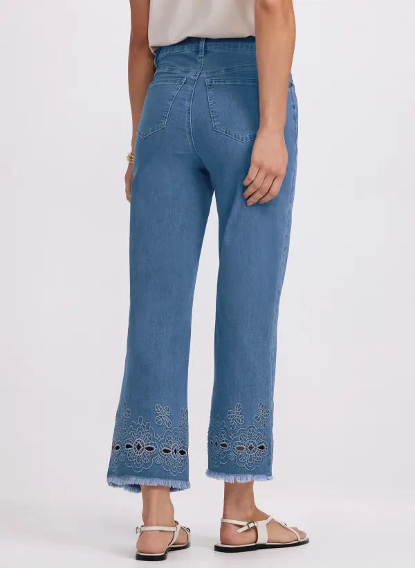 Embroidered Floral Denim Wide-Leg Pants