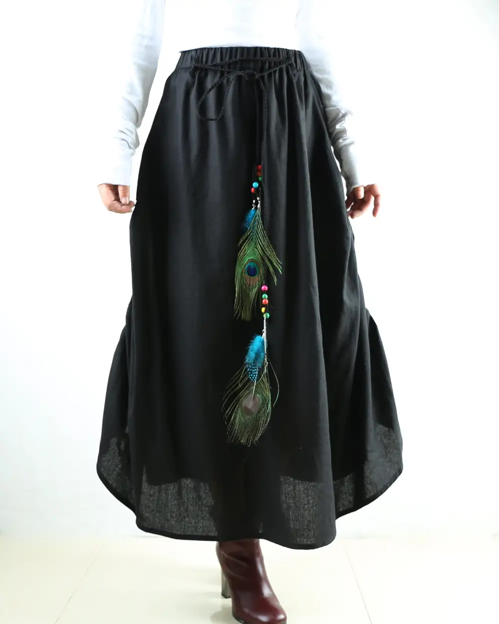 Elastic Waist Linen A Line Maxi Skirt