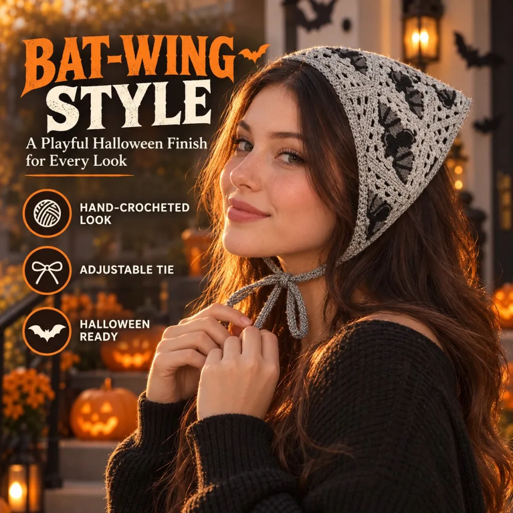 Women's Halloween Polyester Triangle Bandana - Crochet Boho Bandana with Ghost/Bat/Web Pattern, Triangle Shape