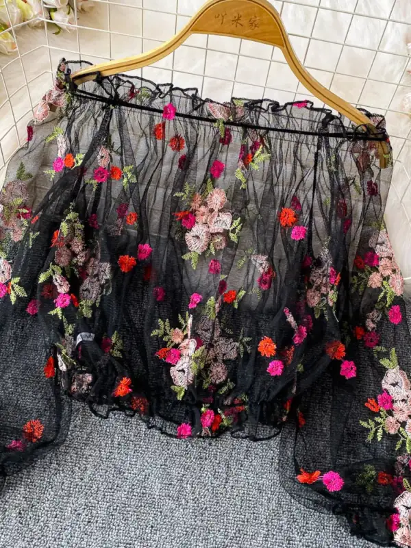 Floral Embroidered Mesh Shoulder Top