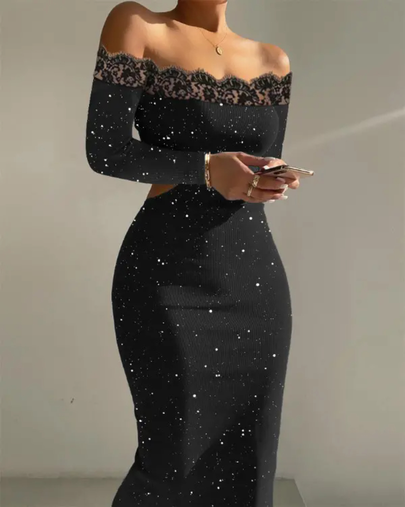 Glitter Contrast Lace Off Shoulder Cutout Bodycon Dress