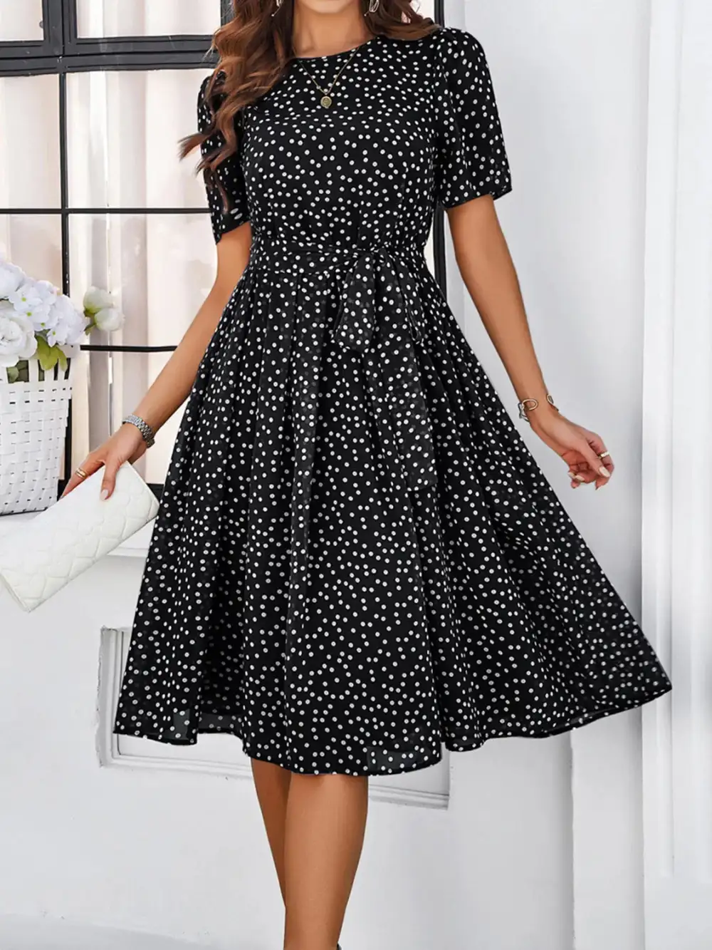Printed Round Neck Short Sleeve Casual Dress