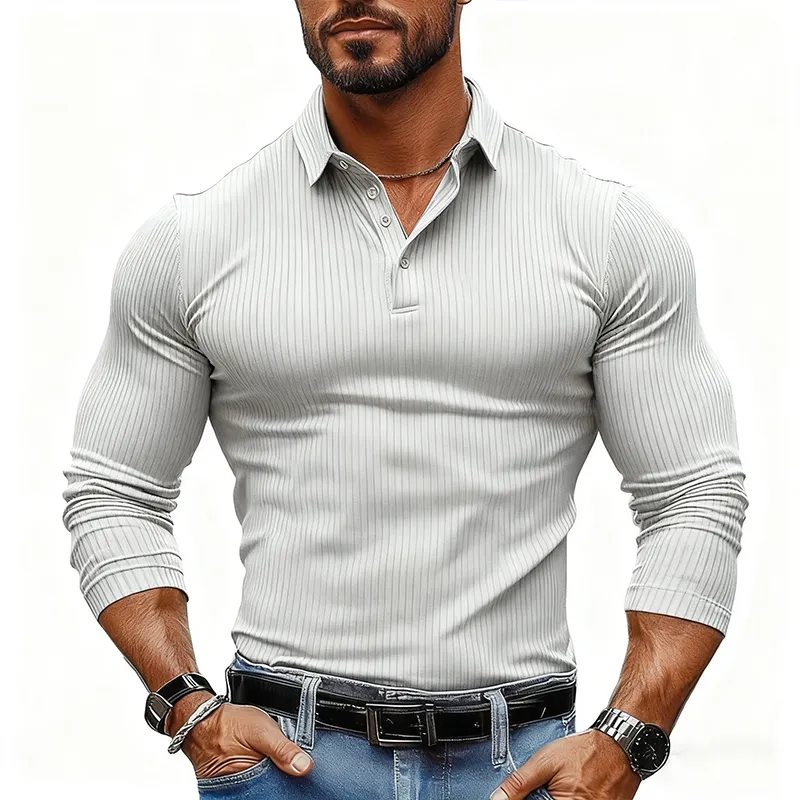 Minimal Long Sleeve Collared Knit Striped Shirt