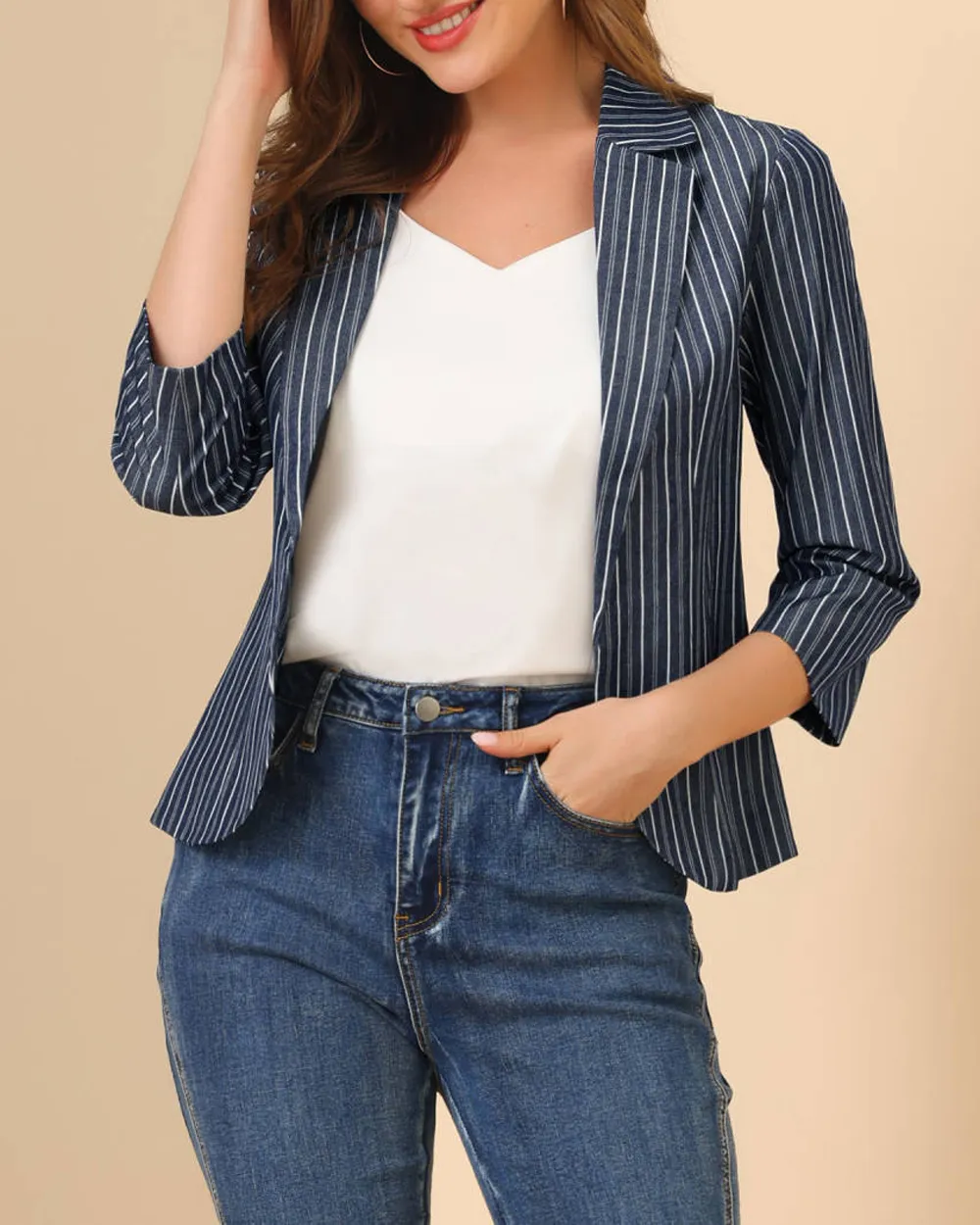 Striped 3/4 Sleeves Open Front Notched Lapel Blazer