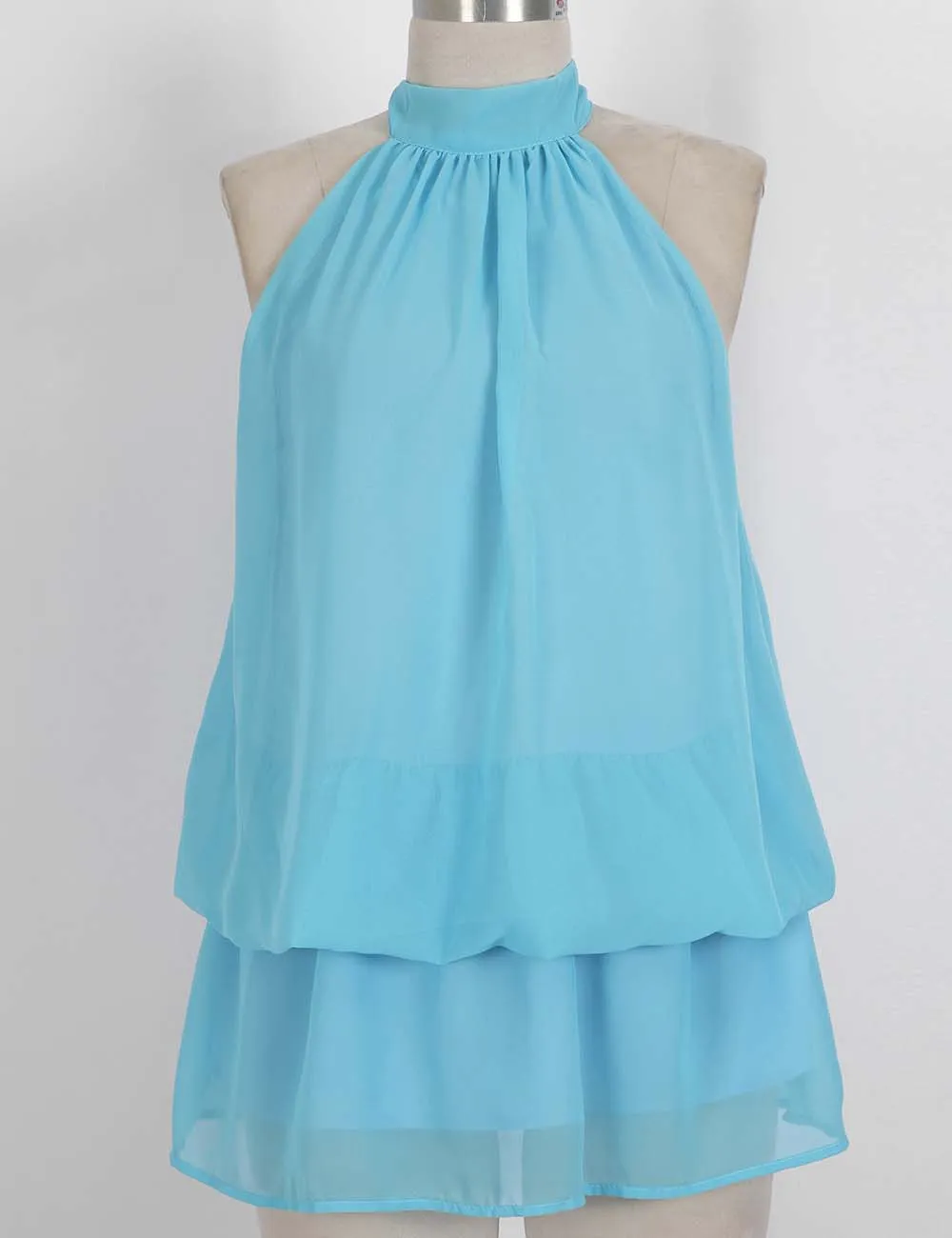 Chiffon Stand Neck Solid Color Ruffle Hem Sleeveless Top