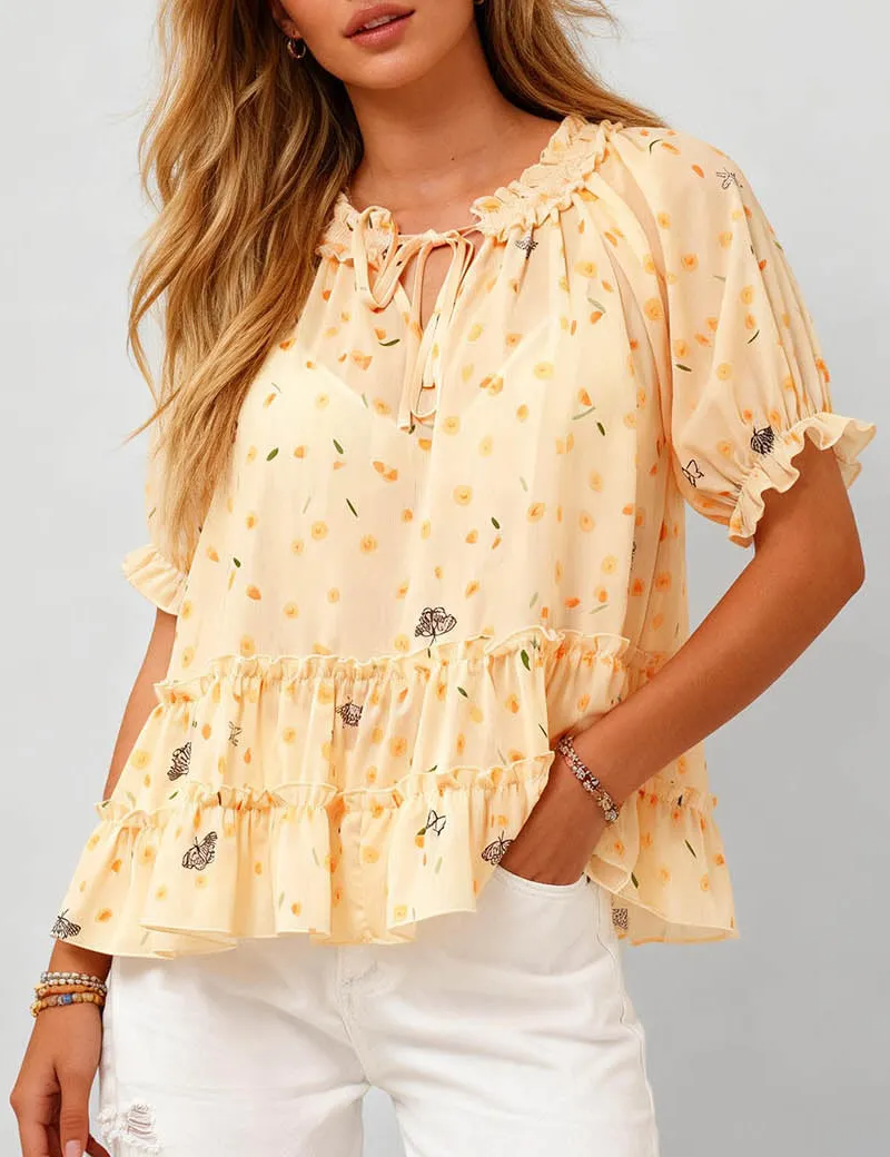 Ruffle Hem Neck Short Sleeves Babydoll Blouse