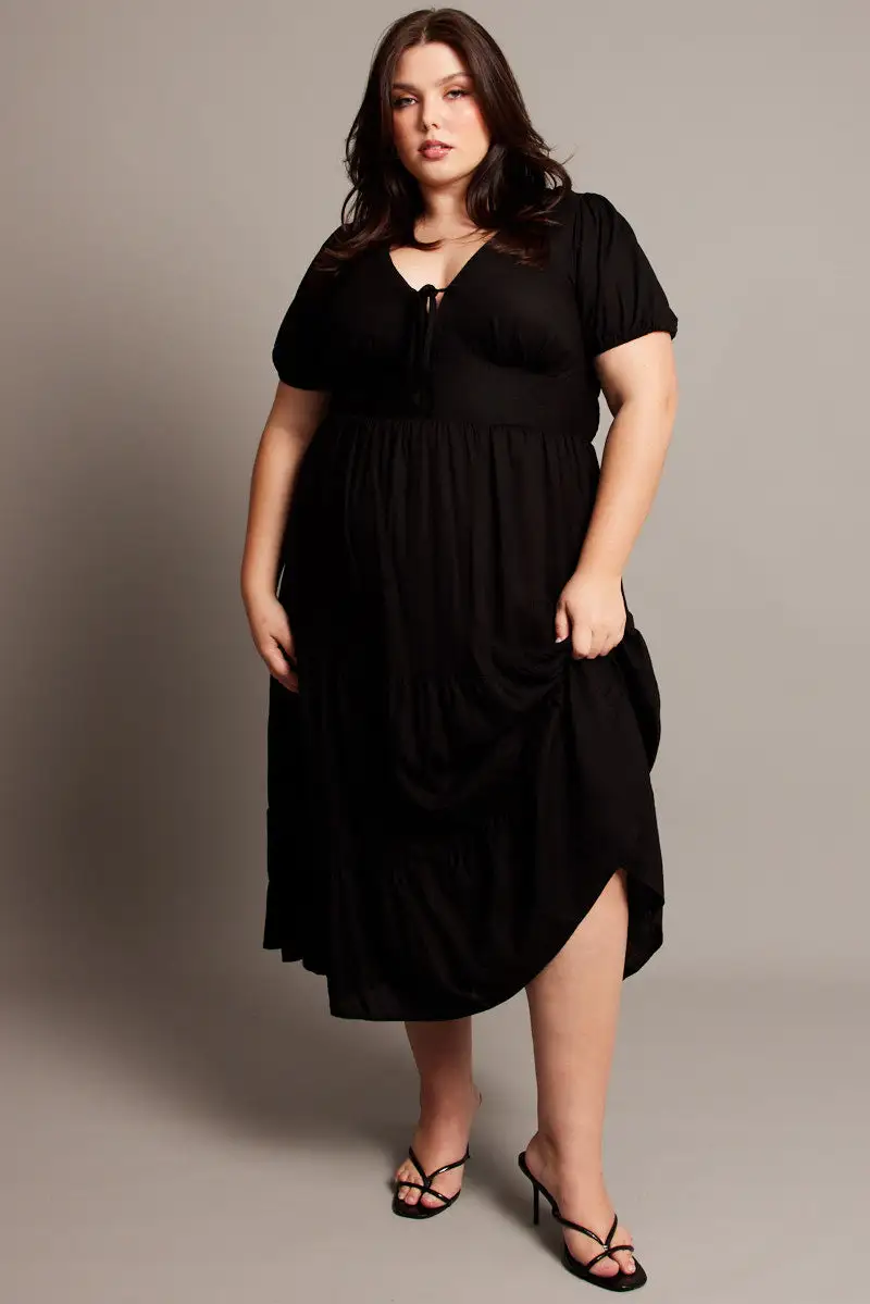 Black Midi Dress Short Sleeve Linen Blend