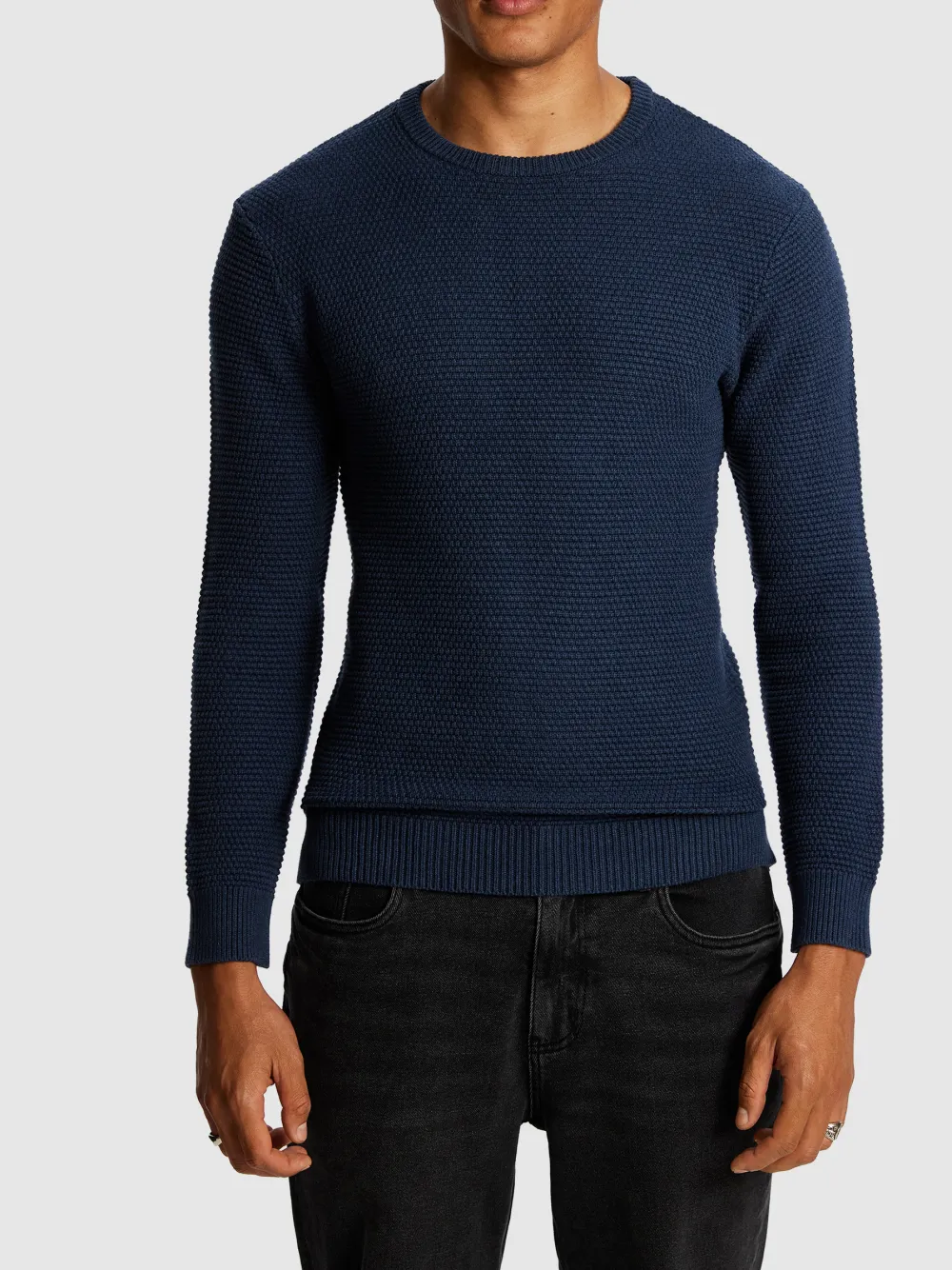 Dark Blue Smooth Knit Crew Neck Sweater
