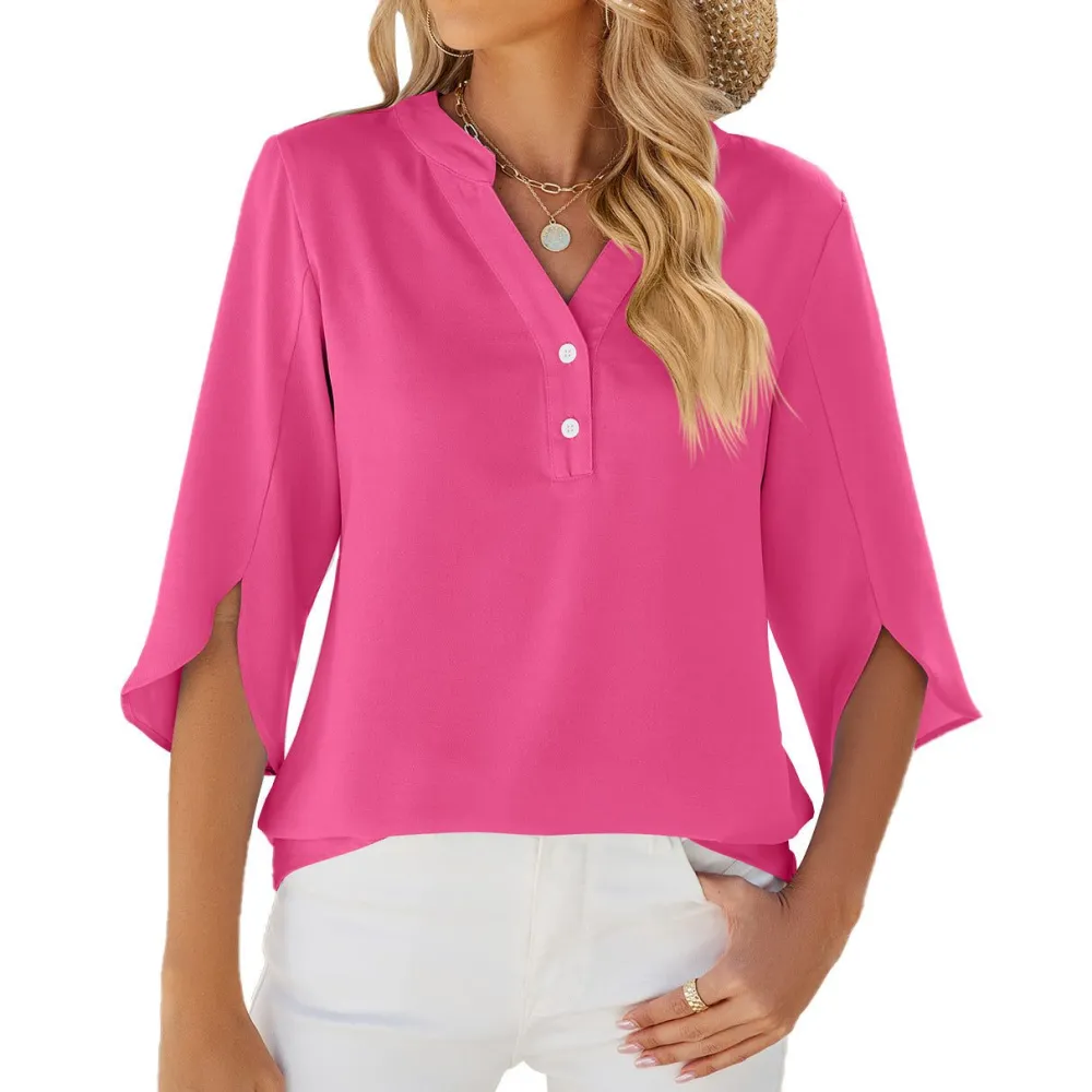 Button V-Neck Chiffon Blouse