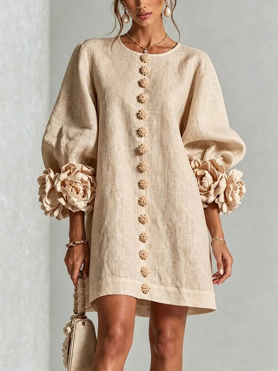Elegant 3D Floral Button-Front Mini Dress With Striking Floral Cuffs