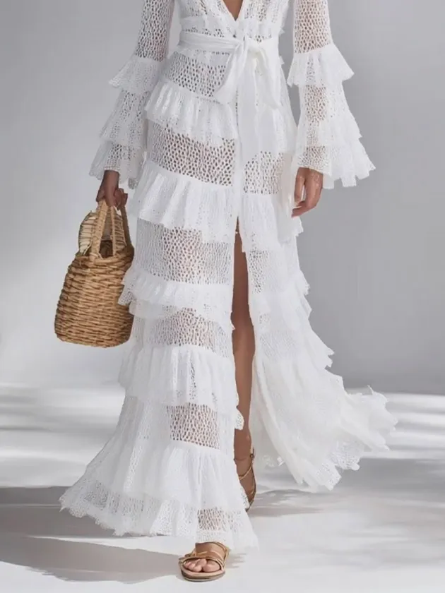 Bohemian Sheer Lace Ruffle Maxi Dress