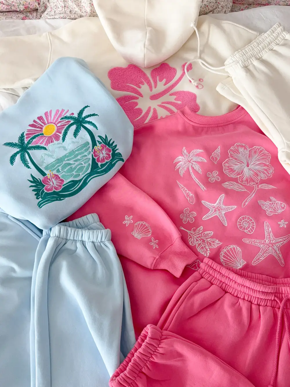 Icy Hibiscus Flower Beach Babe Embroider Hoodie