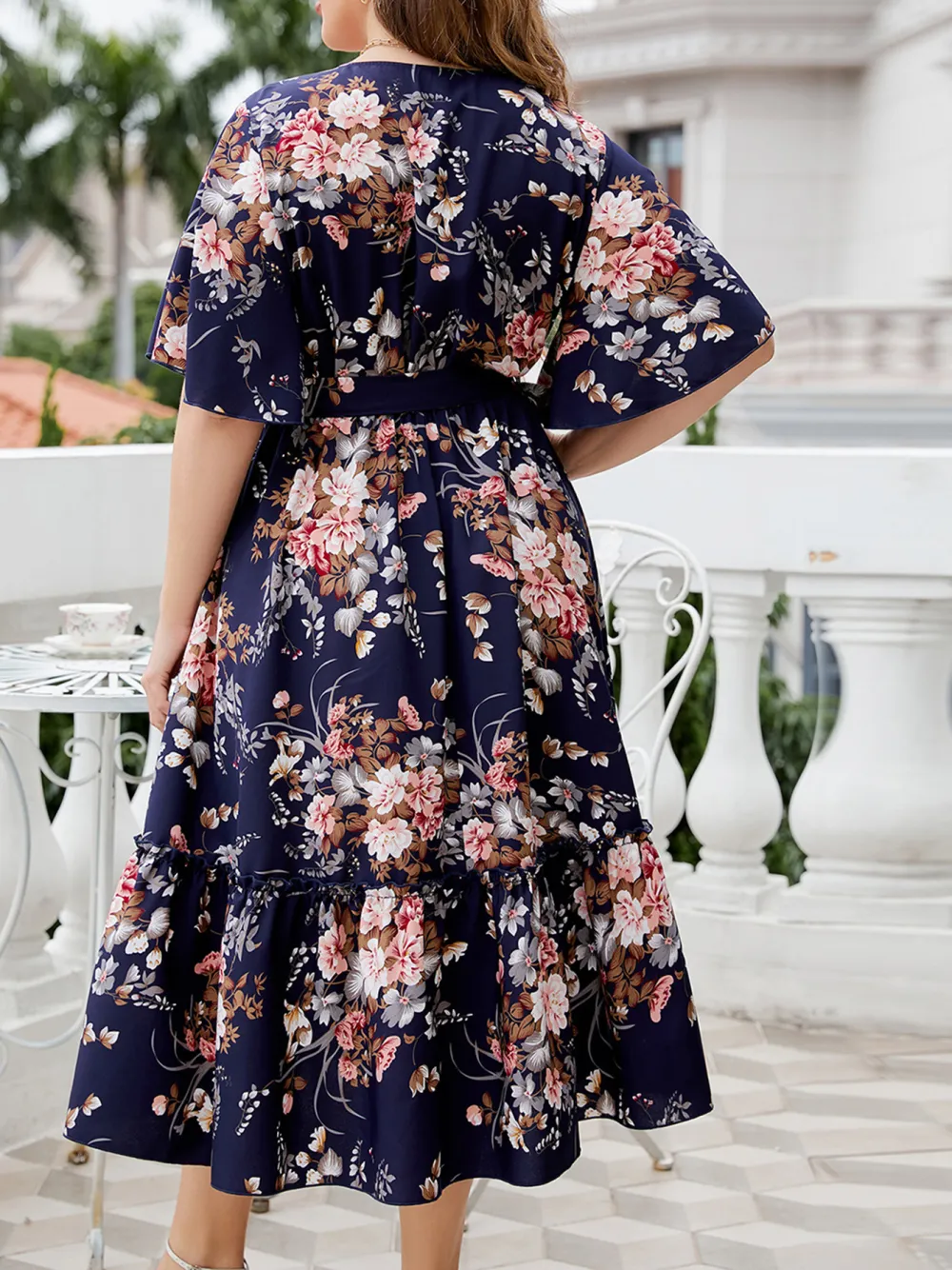 V Neck Navy Blue Printed Oversized Dress