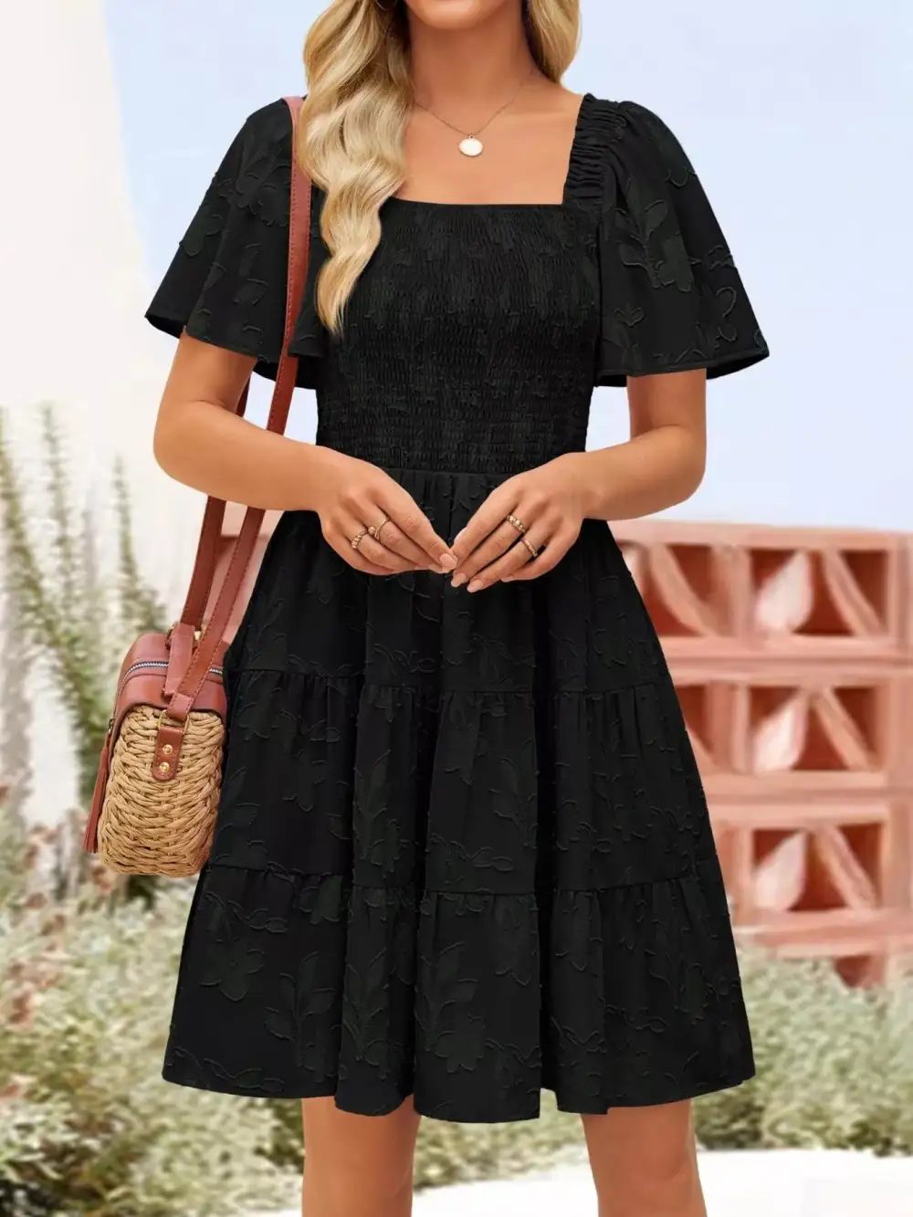 Square Neck Tiered Smocked Mini Dress