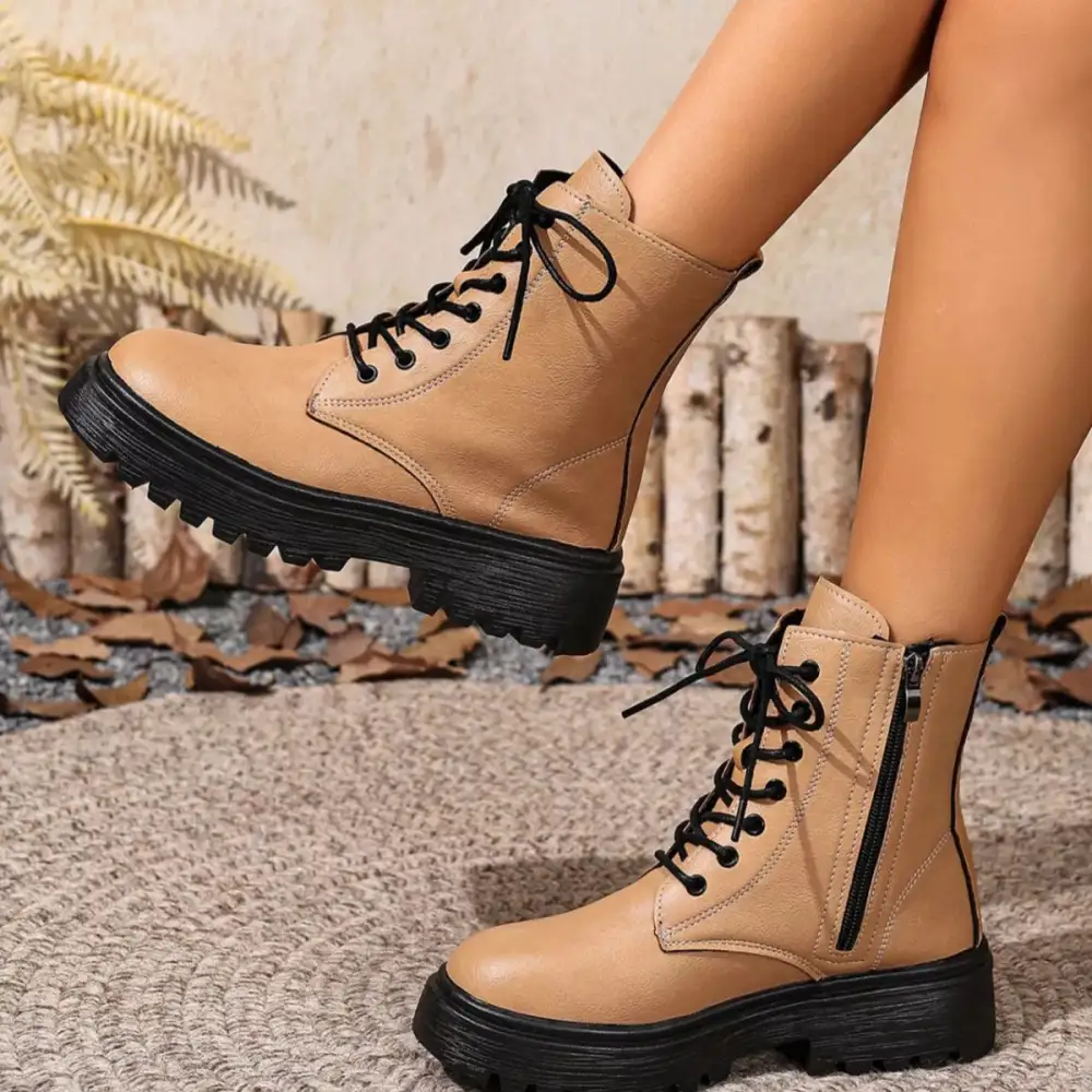 Textured Lace-Up Ankle Combat Boots