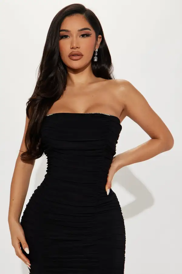 Ruched Embellished Tube Midi Dress - Black