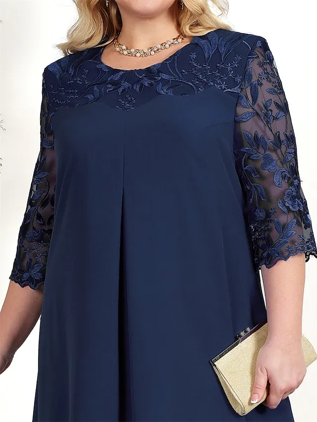 Women's Plus Size Curve Party Dress Lace Dress Cocktail Dress Midi Dress Pink Dark Blue Light Blue 3/4 Length Sleeve Floral Lace Spring Fall Winter Crew Neck Fashion Birthday Wedding Guest