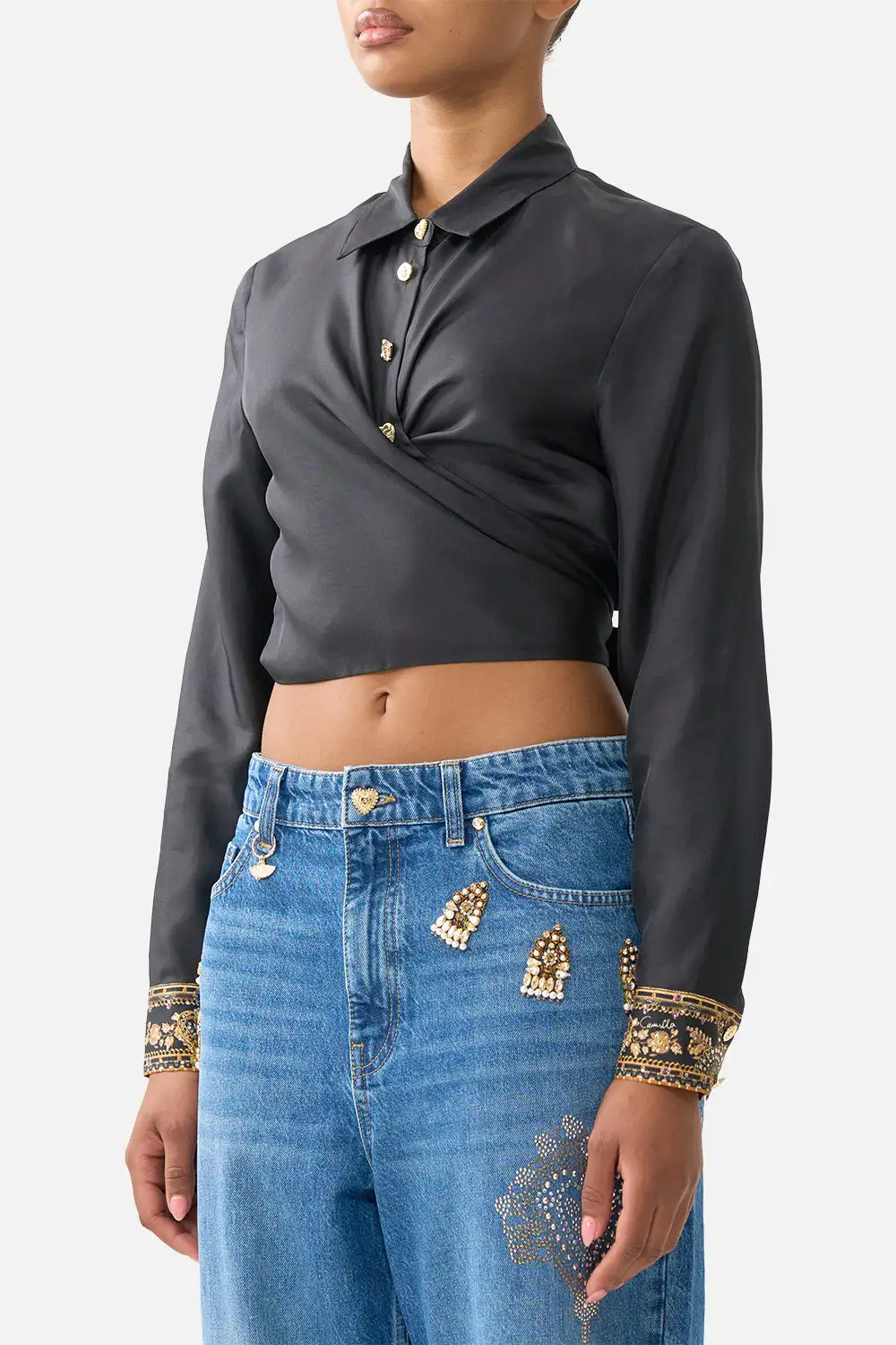 Printed Cropped Wrap Shirt with Tie