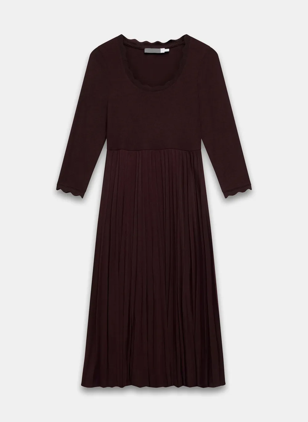 Casual Style Burgundy Scallop Trim Midi Dress