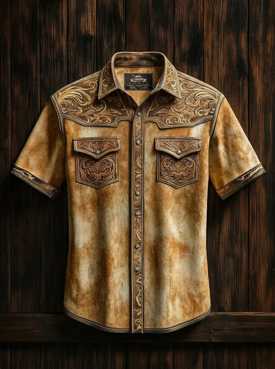 Men's Western Cowboy Floral Tooled Leather Printed Shirt-2