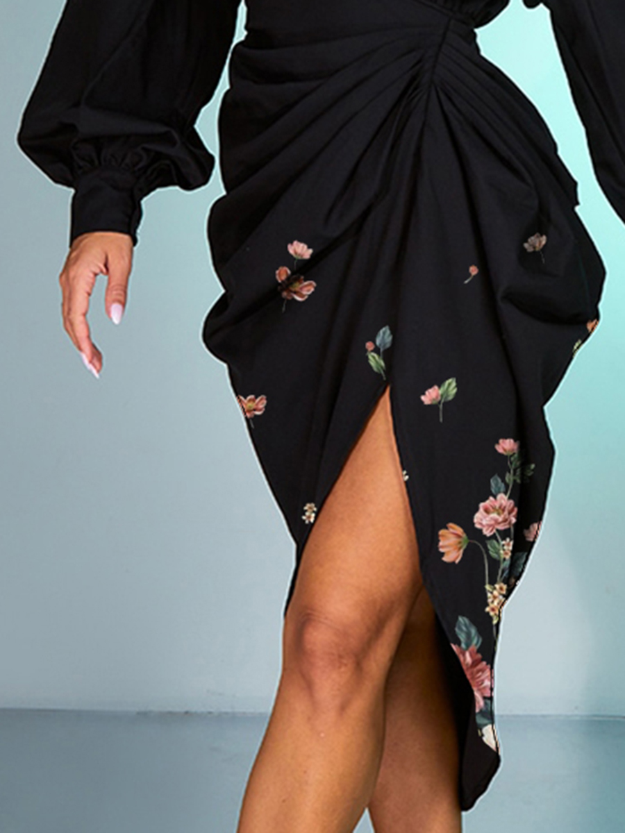 Black Balloon Sleeve Gathered Skirt Midi Shirt Dress