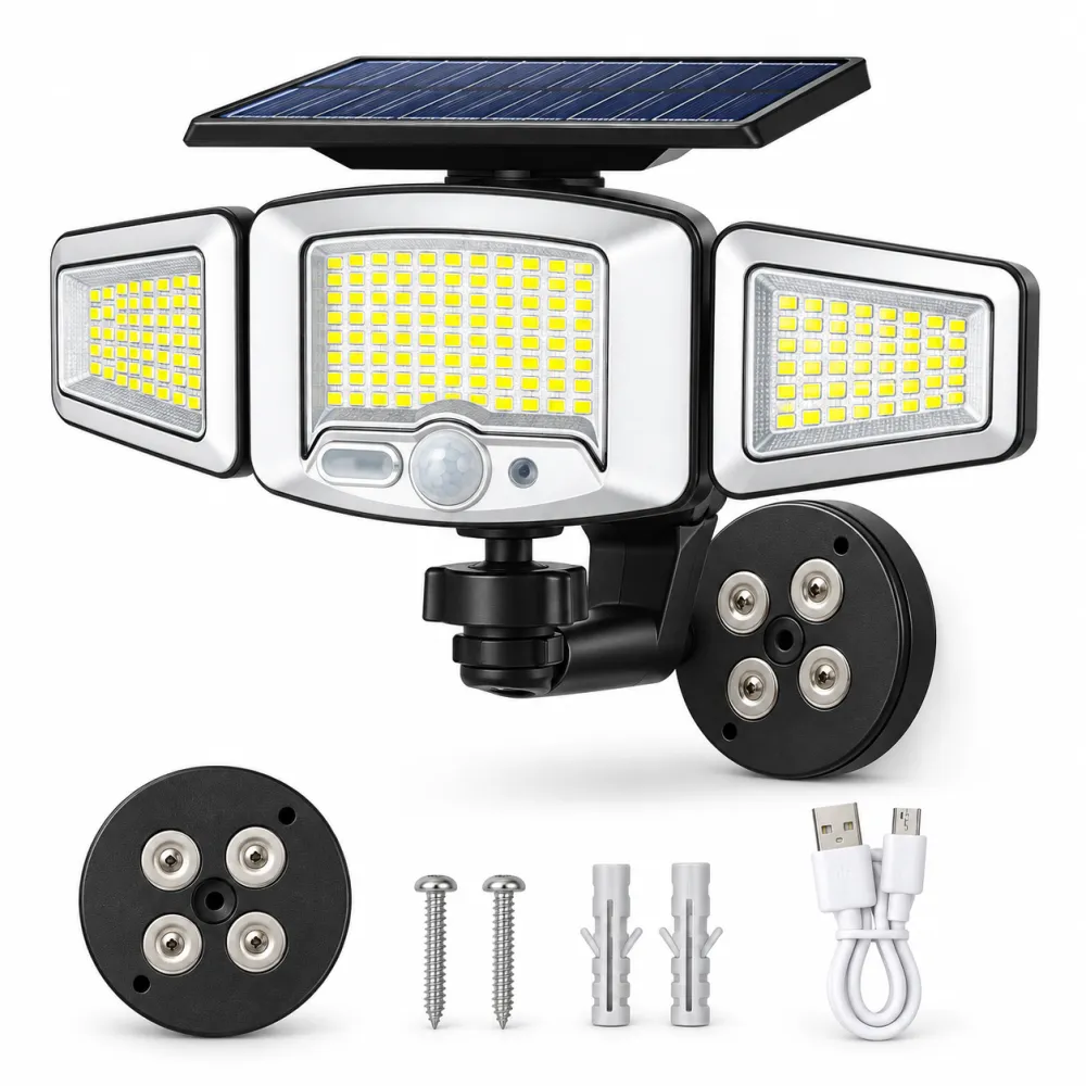 Zonne-energie lamp met 3 lampkoppen en bewegingssenso