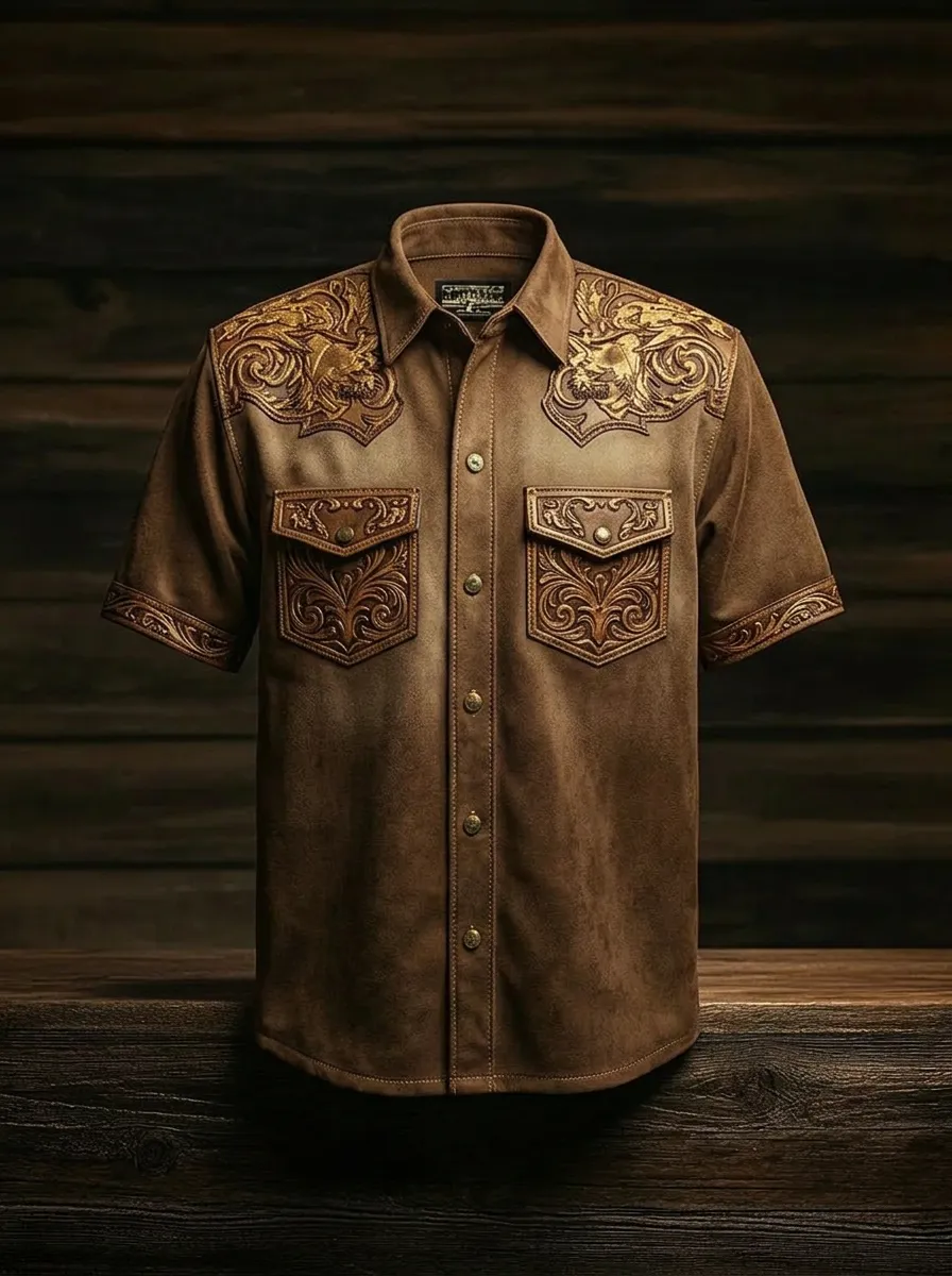 Men's Western Style Floral Tooled Leather Pattern Printed Shirt-2