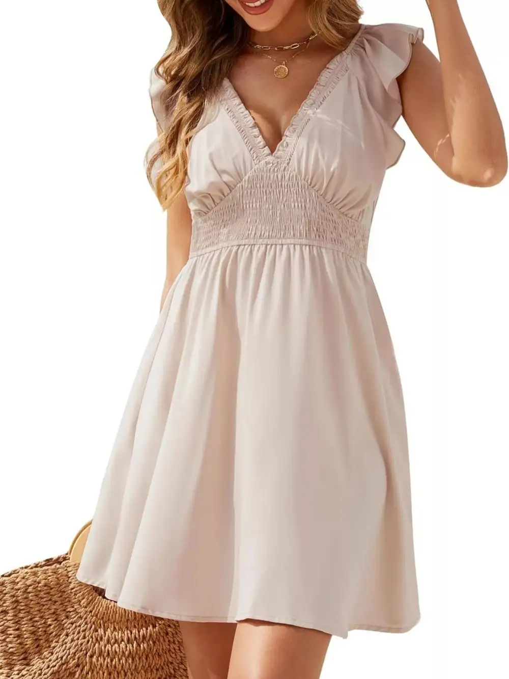 V Neck Smocked Mini Dress