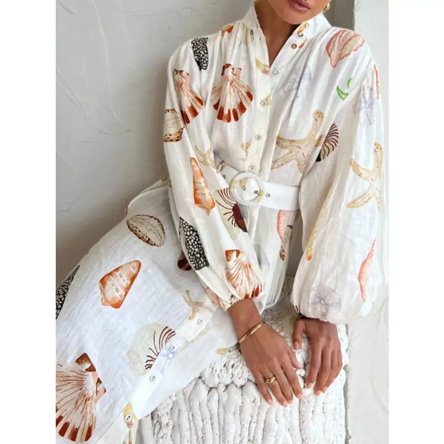 Printed Balloon Sleeve Maxi Shirt Dress