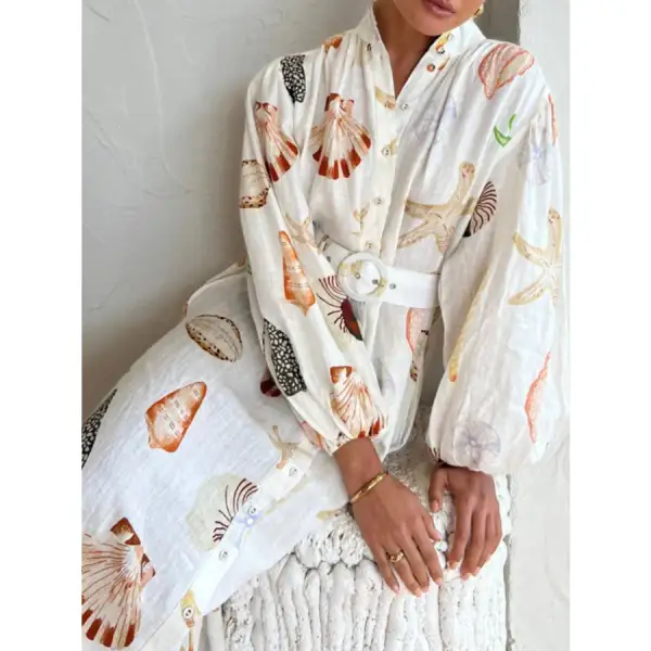 Printed Balloon Sleeve Maxi Shirt Dress