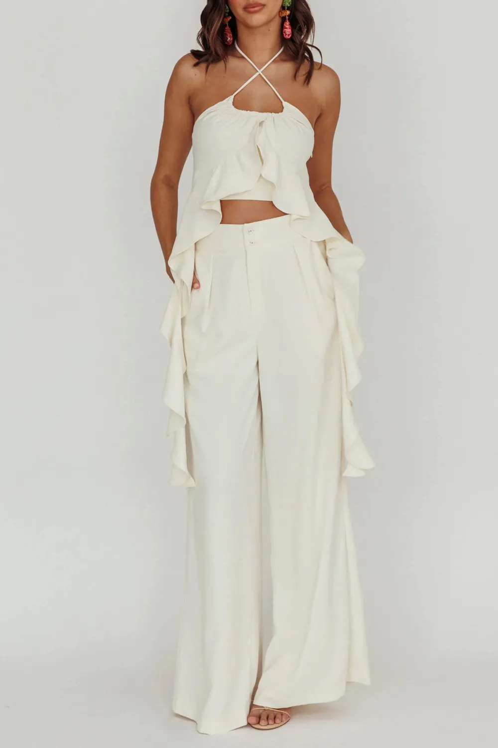 Slim-Fit Solid Color Wide-Leg Pants